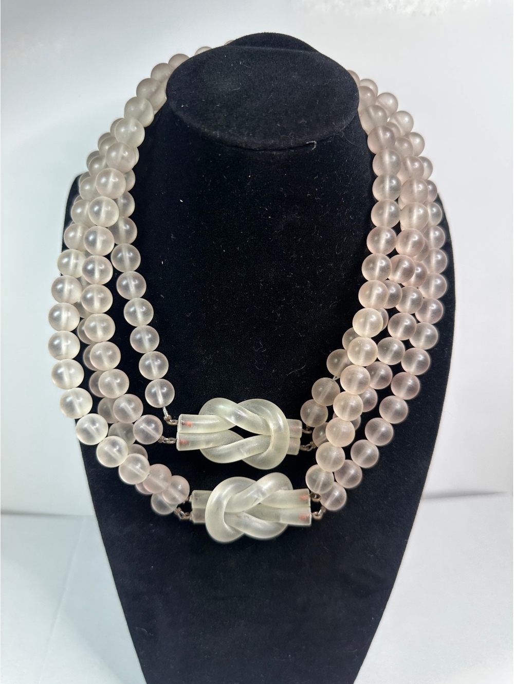 VTG Lucite Necklace Double Strand Frosted Pink Beads Large Knot Statement